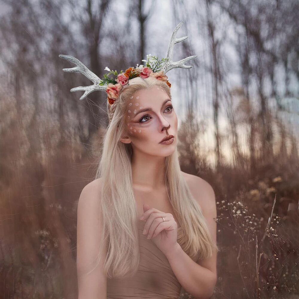 1479 Deer Antler Headband Reindeer Horns Rose Flower Crown Headpiece - Picture 4 of 5